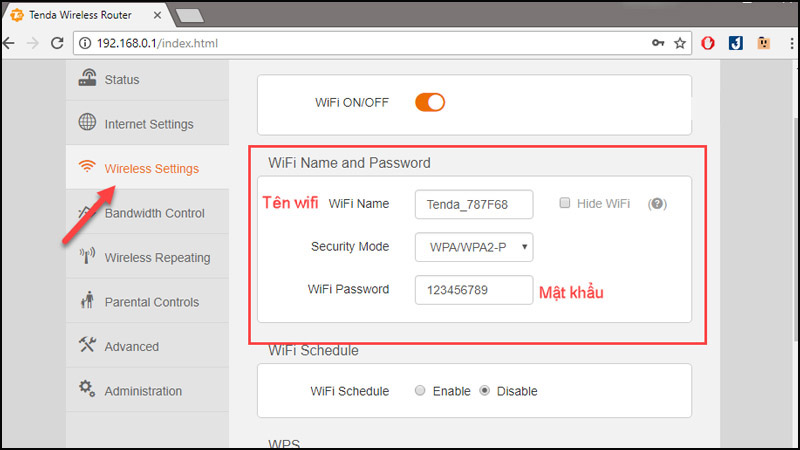  Sau khi đăng nhập > Chọn Wireless Settings, sẽ thấy WiFi Name là tên của sóng WiFi và WiFi Password là mật khẩu WiFi > Các bạn có thể thay đổi cả tên và mật khẩu của WiFi
