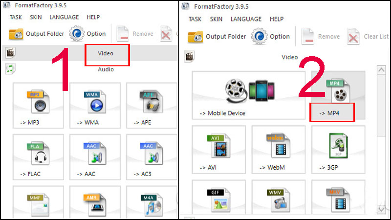 Bước 1: Trong giao diện của phần mềm người dùng nhấn chọn vào mục Video để chọn định dạng video muốn xử lý > Click chọn vào định dạng mp4