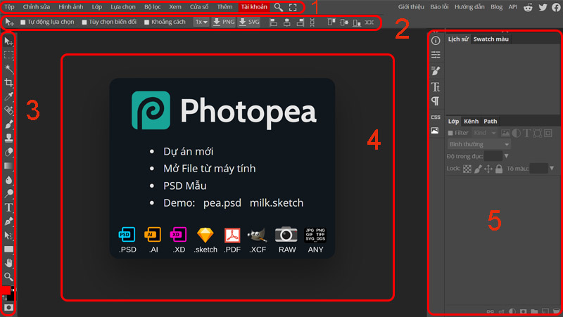 Giao diện chính của Photoshop online