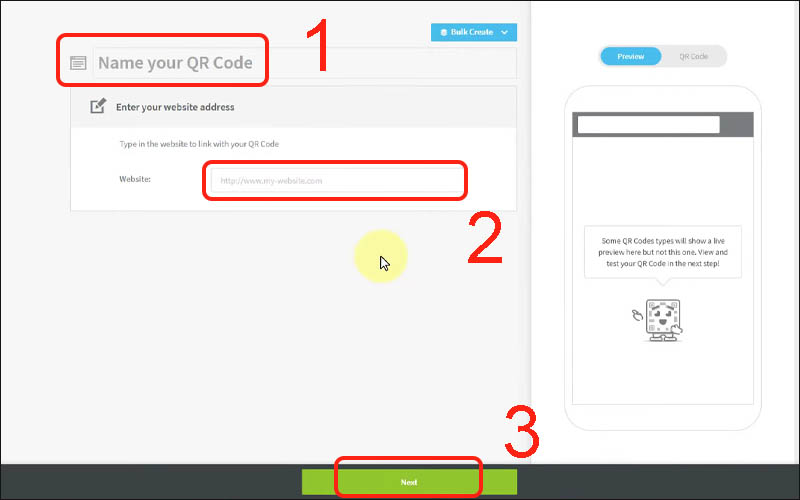 Nhập Tên mã QR, Website và chọn Next
