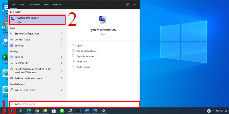 Nhập từ khóa System Information tại thanh tìm kiếm trên Windows