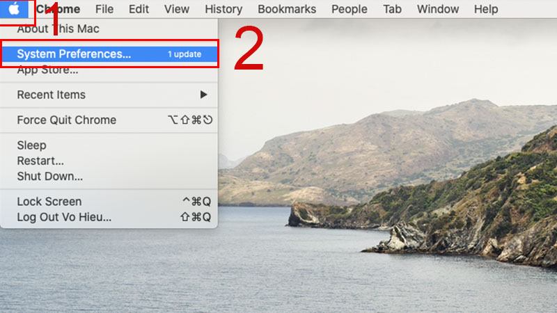  Chọn vào biểu tượng quả táo, sau đó chọn System Preferences.