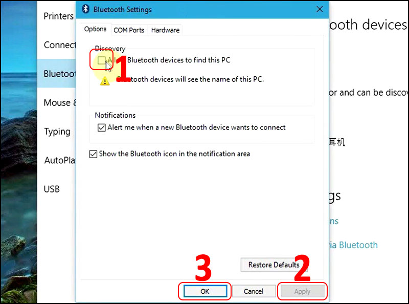 Tick vào ô All Bluetooth devices to find this PC > Apply > OK.