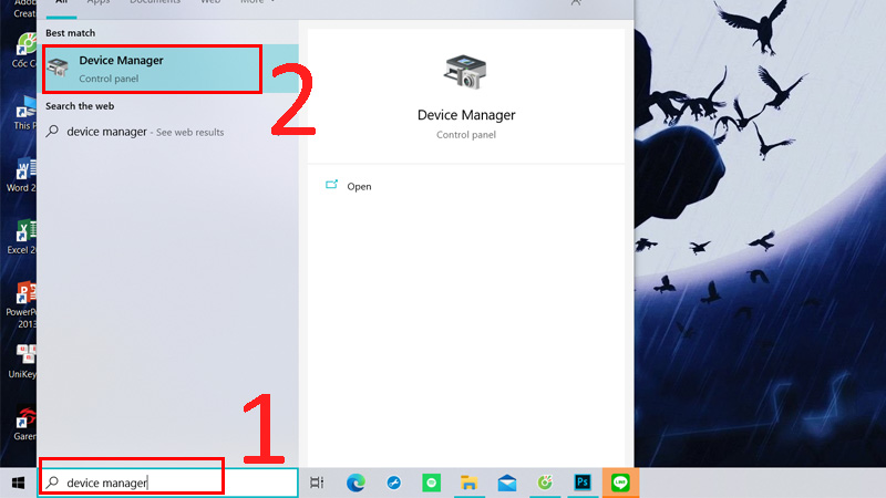 Vào thanh Tìm kiếm > Gõ Device Manager