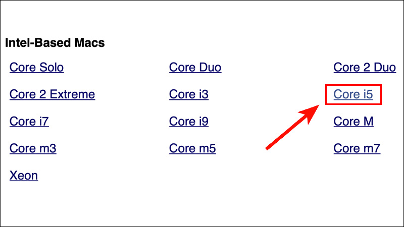 Chọn chip Intel trên MacBook của bạn (ví dụ Core i5)