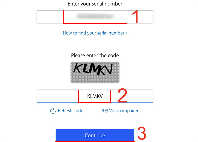 Dán mã vào Enter your serial number, nhập mã xác nhận rồi nhấn Continue