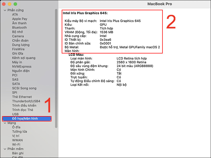Vào Đồ họa/Màn hình để xem thông tin card đồ họa MacBook