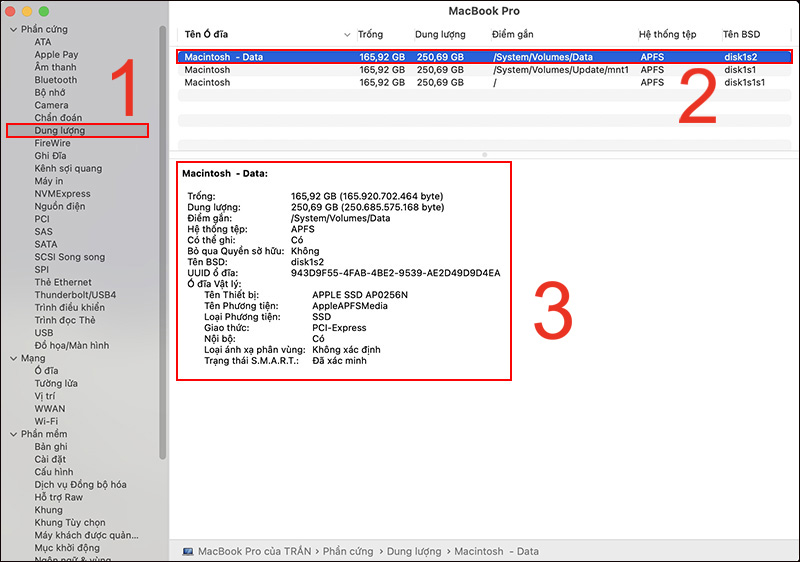Nhấn vào Dung lượng rồi chọn tên ổ đĩa (ví dụ Macintosh - Data)