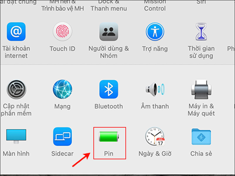 Vào mục Pin