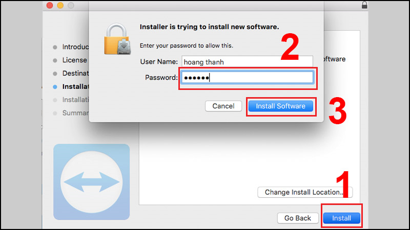 Bước 6: Nhấn Install > Nhập mật khẩu máy tính của bạn vào > Chọn Install Software. 