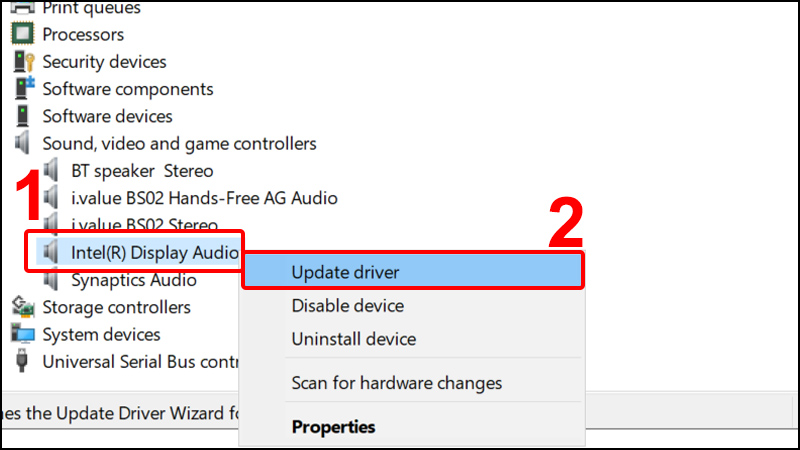 Chuột phải Intel(R) Display Audio  và chọn Update driver