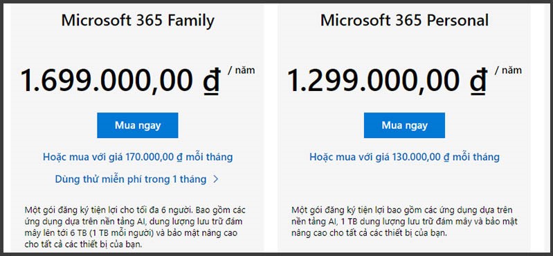 Gói Microsoft 365 dành cho Cá nhân và Gia đình
