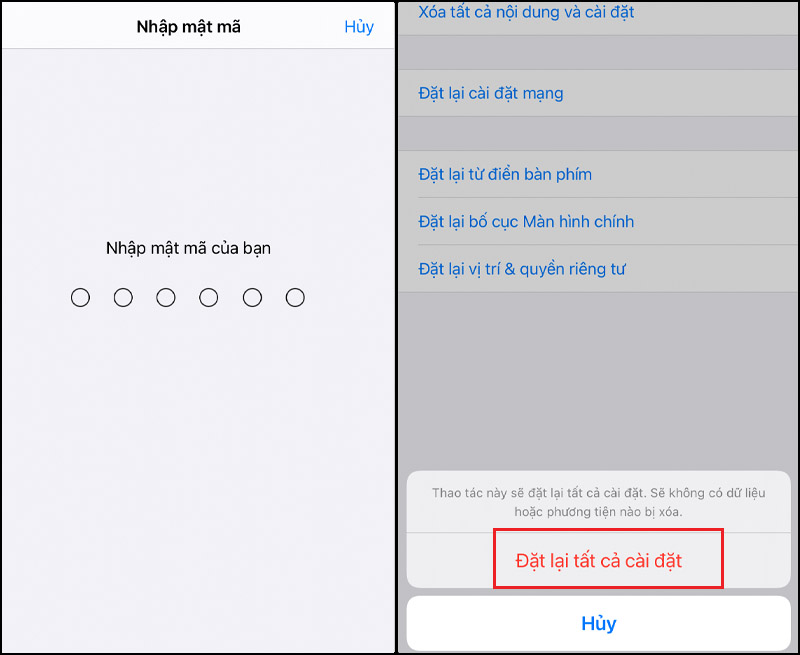Chọn Đặt lại tất cả c&agrave;i đặt