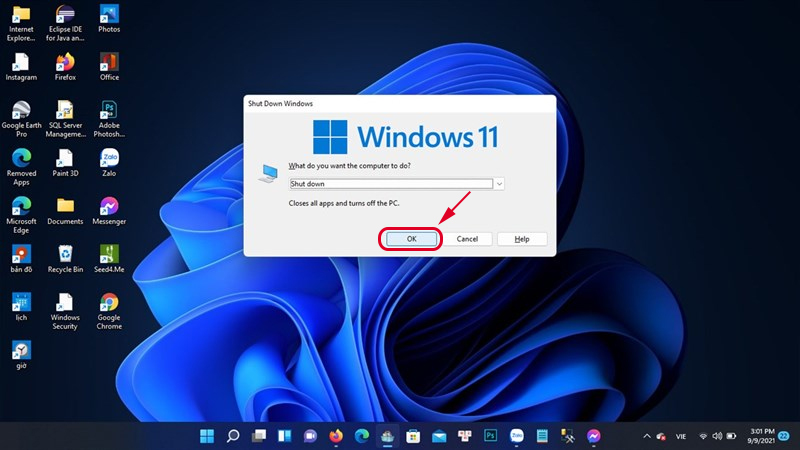 Nhấp vào chữ OK trên cửa sổ Shut Down Windows