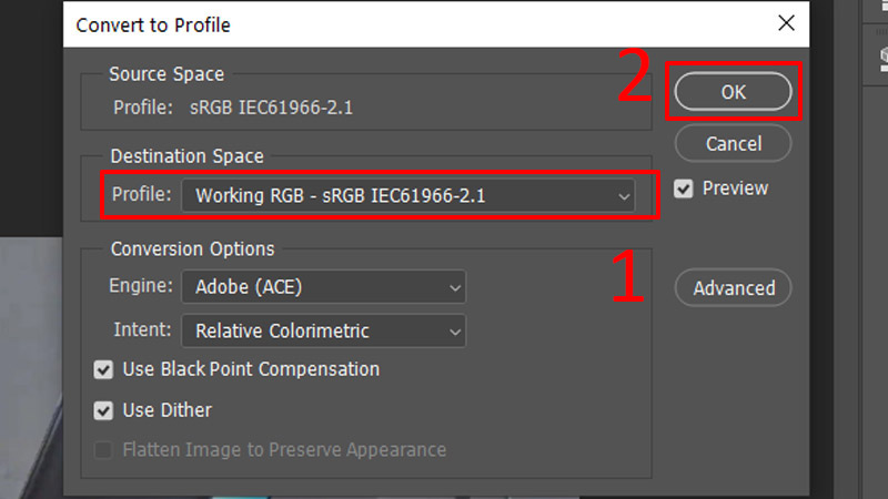Chọn Working RGB – sRGB IEC61966-2.1 tại mục Profile