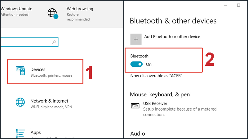 Thanh trạng thái màu xanh và hiện chữ On là đã kích hoạt Bluetooth.