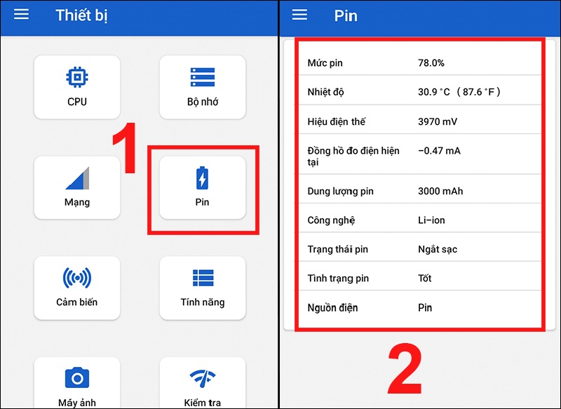 Kiểm tra thông tin về dung lượng pin 