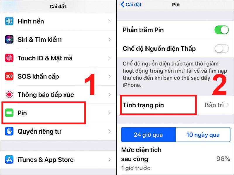 Chọn Tình trạng pin trong mục Pin