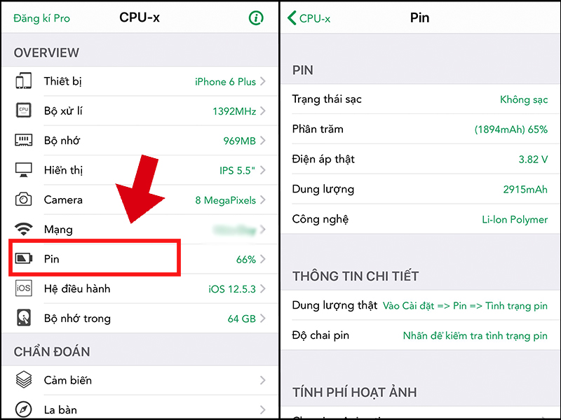 Kiểm tra thông tin về dung lượng pin