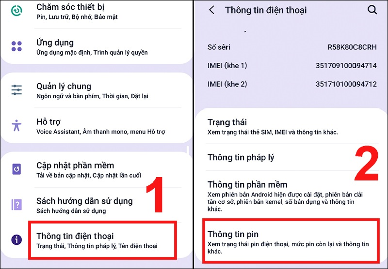 Chọn Thông tin điện thoại rồi chọn Thông tin pin