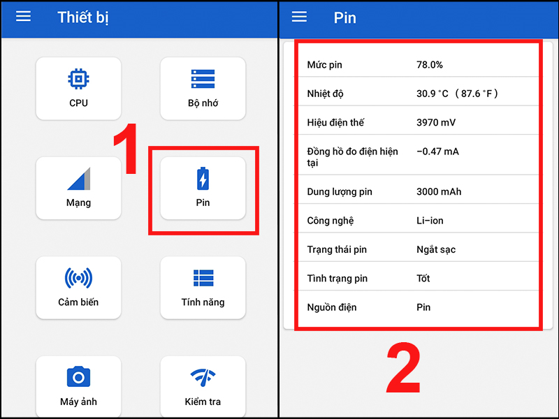 Kiểm tra thông tin về dung lượng pin 