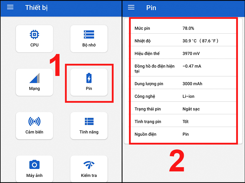 Kiểm tra thông tin về dung lượng pin