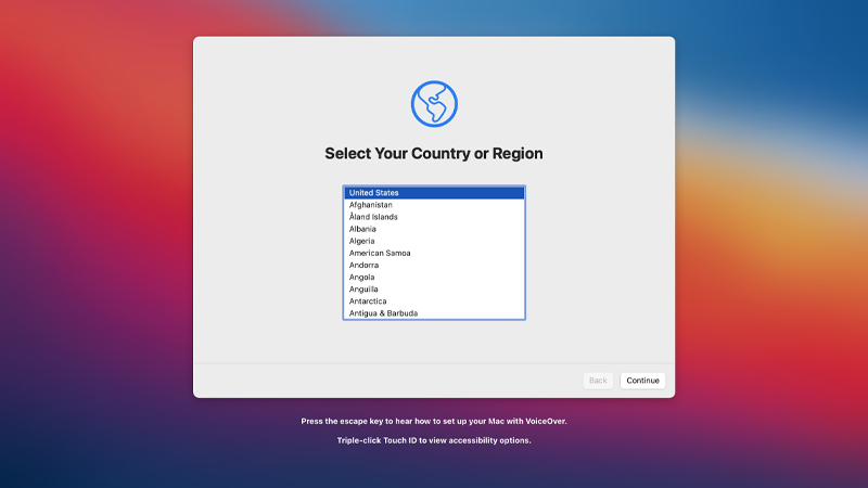 MacBook sẽ yêu cầu bạn lựa chọn quốc gia