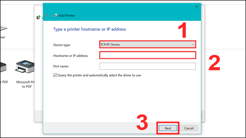 Chọn Add a printer using a TCP/IP address or hostname