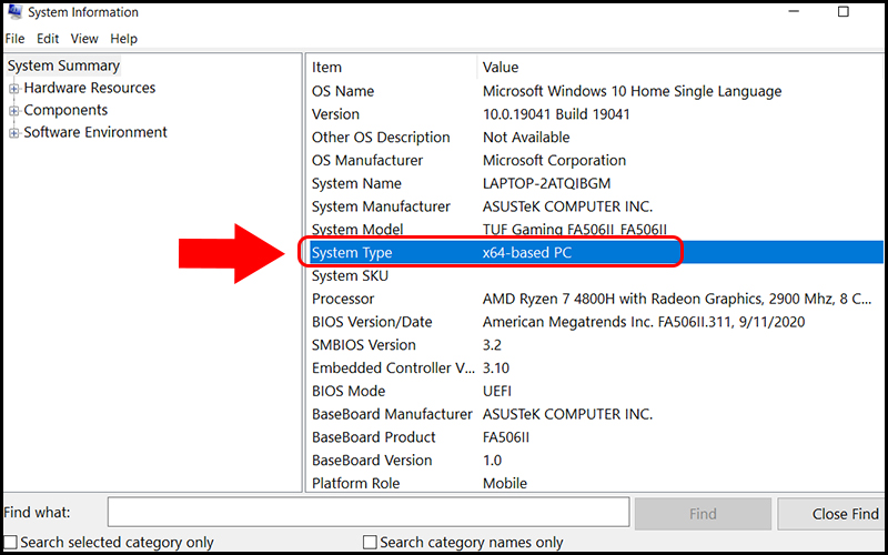 Quan sát mục System Type