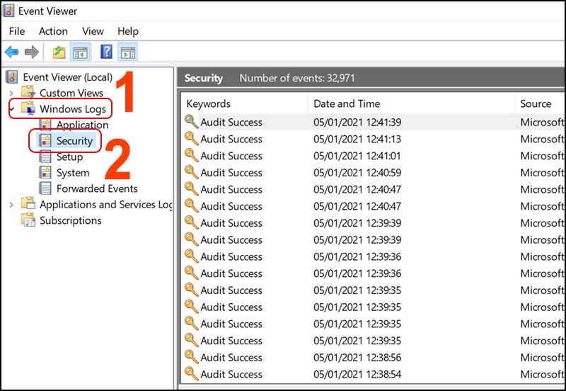 Chọn Windows Logs > Chọn Security.