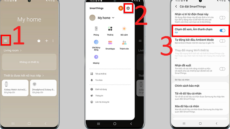 chọn biểu tượng 3 gạch ngang > Chọn biểu tượng bánh răng > Chọn bật tính năng 