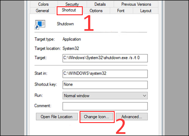 Chọn tab Shortcut > Chọn Change Icon