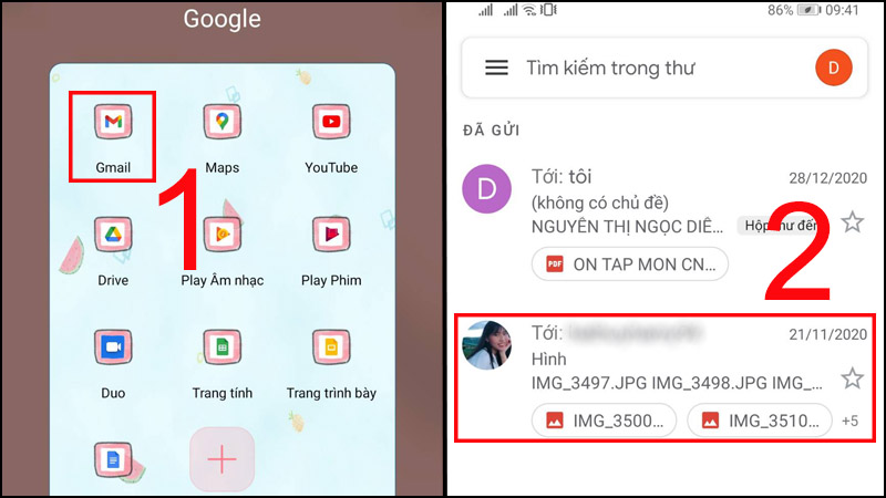 Vào Gmail > Chọn tin nhắn chứa hình ảnh cần tải về điện thoại.