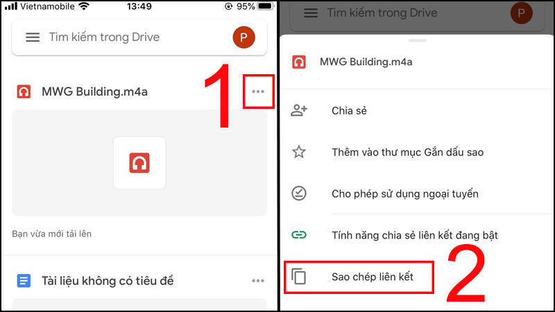 Vào Drive, bạn chọn biểu tượng ba chấm bên góc phải của file ghi âm