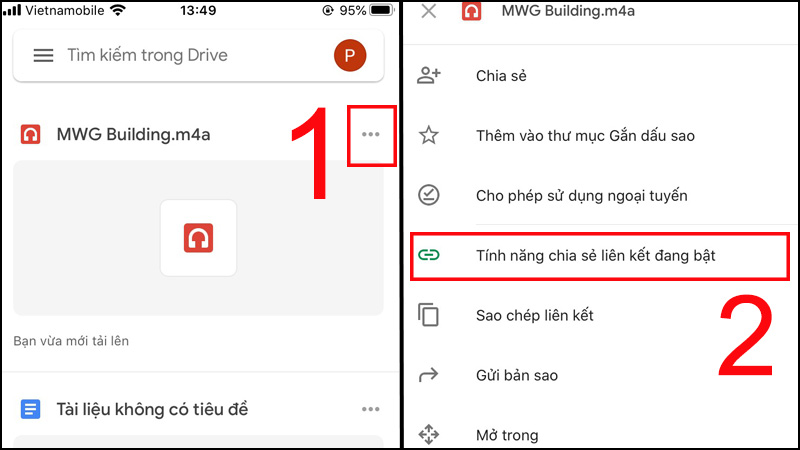 Vào Drive, bạn chọn biểu tượng ba chấm bên góc phải của file ghi âm