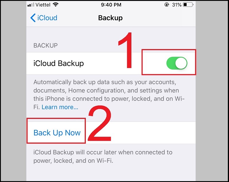 Bật tính năng iCloud Backup