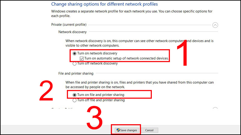 Chọn Turn on network discovery, Turn on file and printer sharing và nhấn Save Changes.