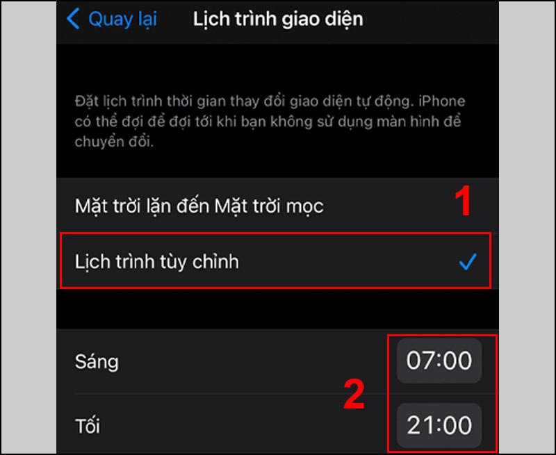 Thiết lập thời gian ở mục Sáng và Tối