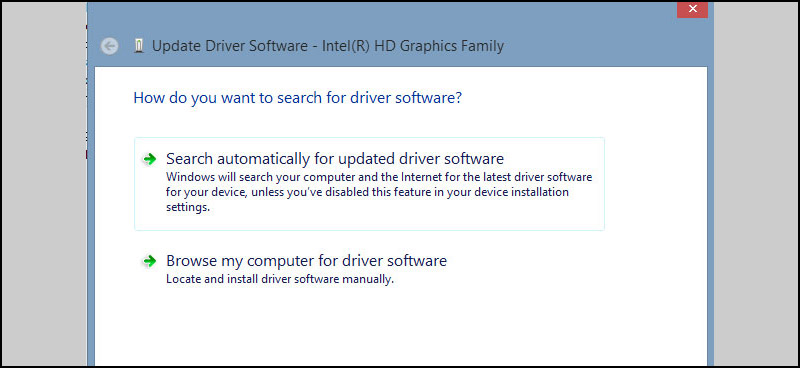 Một pop up xuất hiện với 2 lựa chọn: Windows Update tự động tìm kiếm hoặc trong máy.