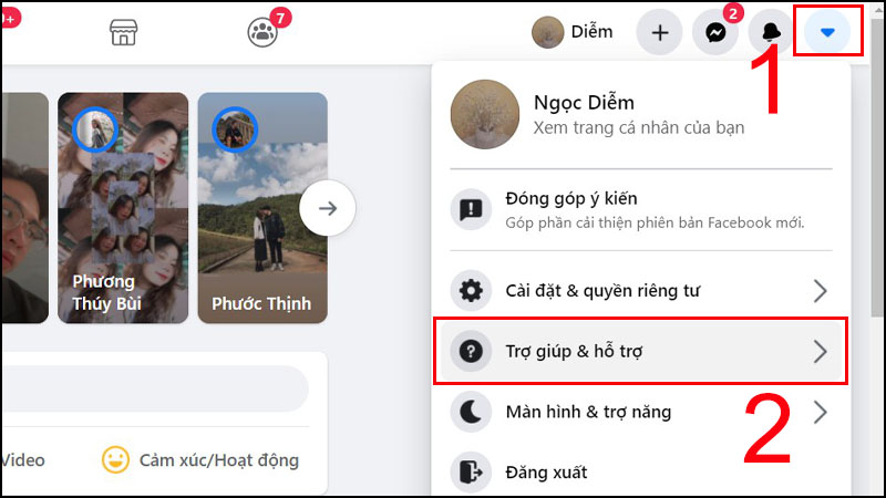 Tiếp theo, bạn nhấp vào biểu tượng tam giác nhỏ bên góc phải Facebook