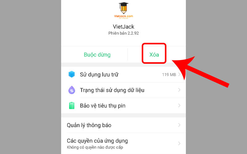  Nhấn vào Xóa để xóa ứng dụng