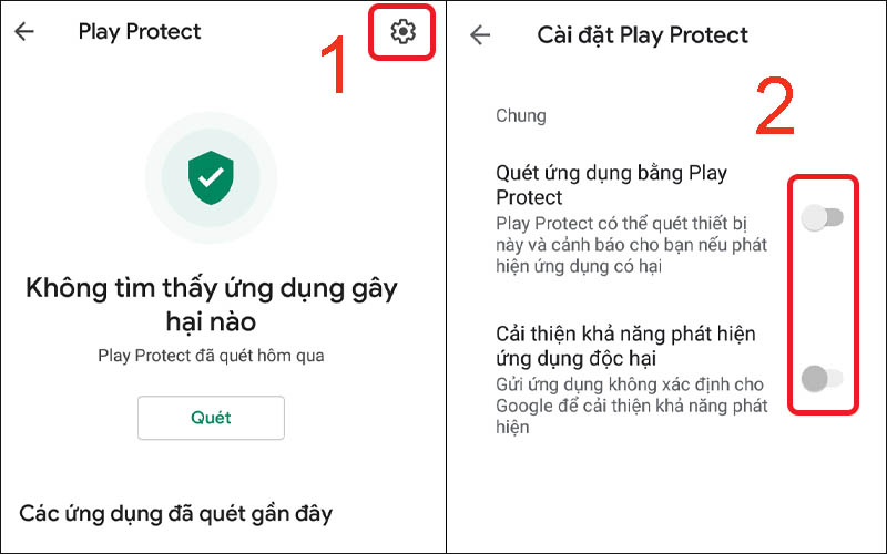  Chọn biểu tượng cài đặt rồi tắt tính năng bảo vệ của Google Play