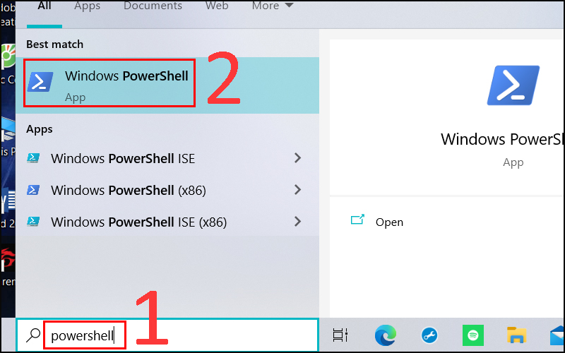  Tại thanh tìm kiếm gõ powershell  Nhấn Windows PowerShell.