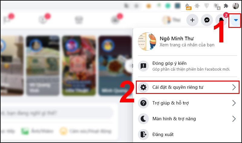 Bước 1: Vào trang Facebook của bạn nhấn vào dấu mũi tên bên trái  Chọn Cài đặt & quyền riêng tư.