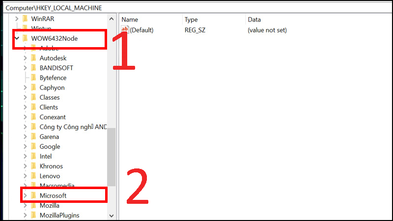 Từ mục SOFTWARE dẫn tiếp đến mục WOW6432Node > Chọn ­Microsoft