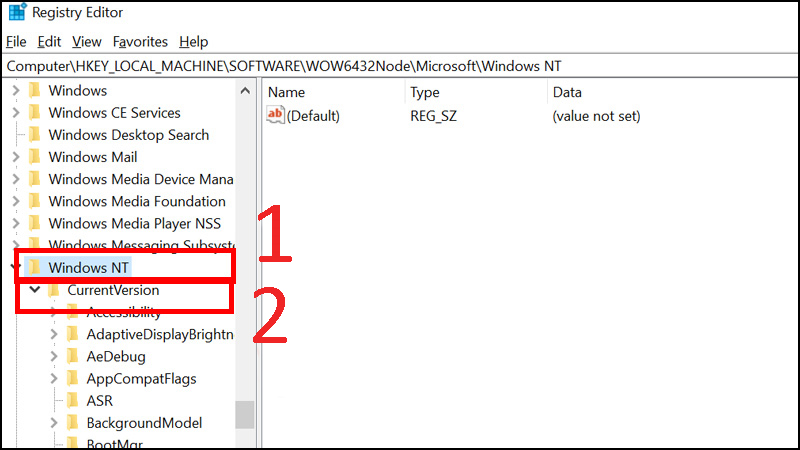 Từ mục ­Microsoft dẫn tiếp đến mục WindowsNT  Chọn CurrentVersion