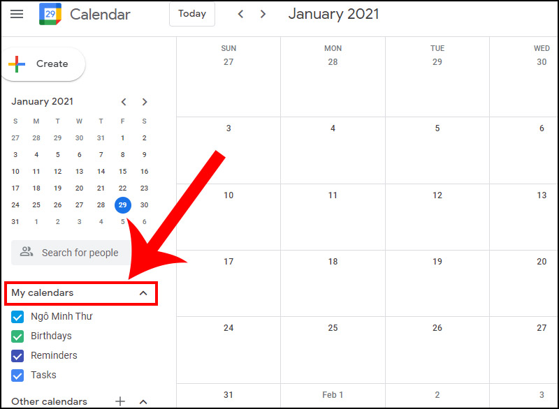 Bước 2: Tìm đến mục My calendars