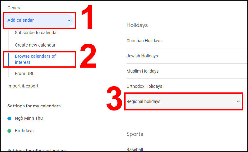 Bước 5: Cửa sổ Settings hiển thị, bạn nhấn vào Add calendar