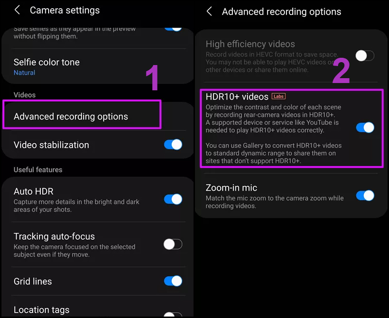 Chuyển qua chế độ HDR10+ khi quay h&igrave;nh
