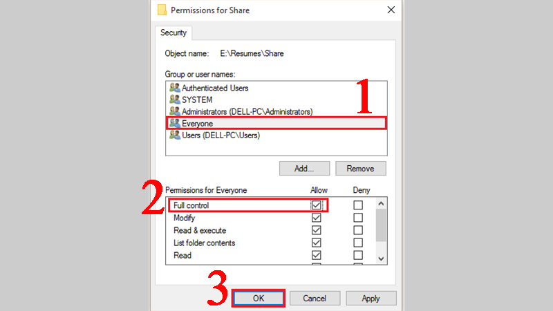 Trong mục Group or user names, bạn chọn Everyone, sau đó đánh tích chọn Full Control. Cuối cùng click chọn OK để hoàn tất toàn bộ quá trình.